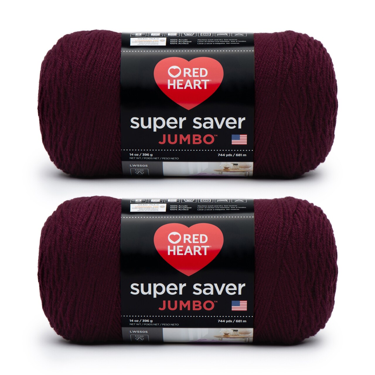 Red Heart Super Saver Jumbo Claret Yarn - 2 Pack of 396g/14oz - Acrylic - 4 Medium (Worsted) - 744 Yards - Knitting/Crochet